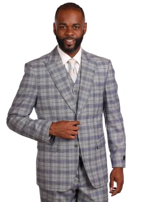 VITALI GREY-BLUE PLAID 3 PIECES MEN'S SUIT MODERN-FIT PEAK LAPEL