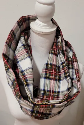 White and Burgandy Tartan Plaid Flannel Infinity Scarf