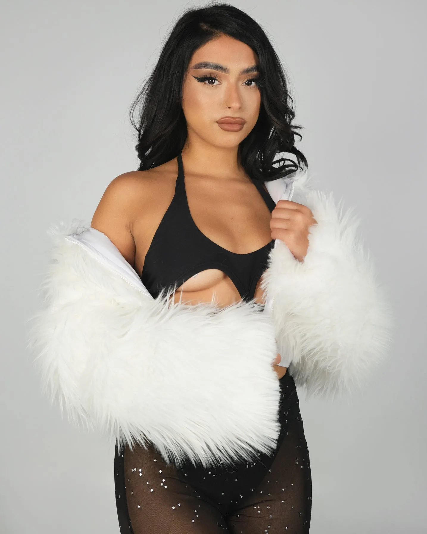 White LED White Furry Cropped Hooded Jacket