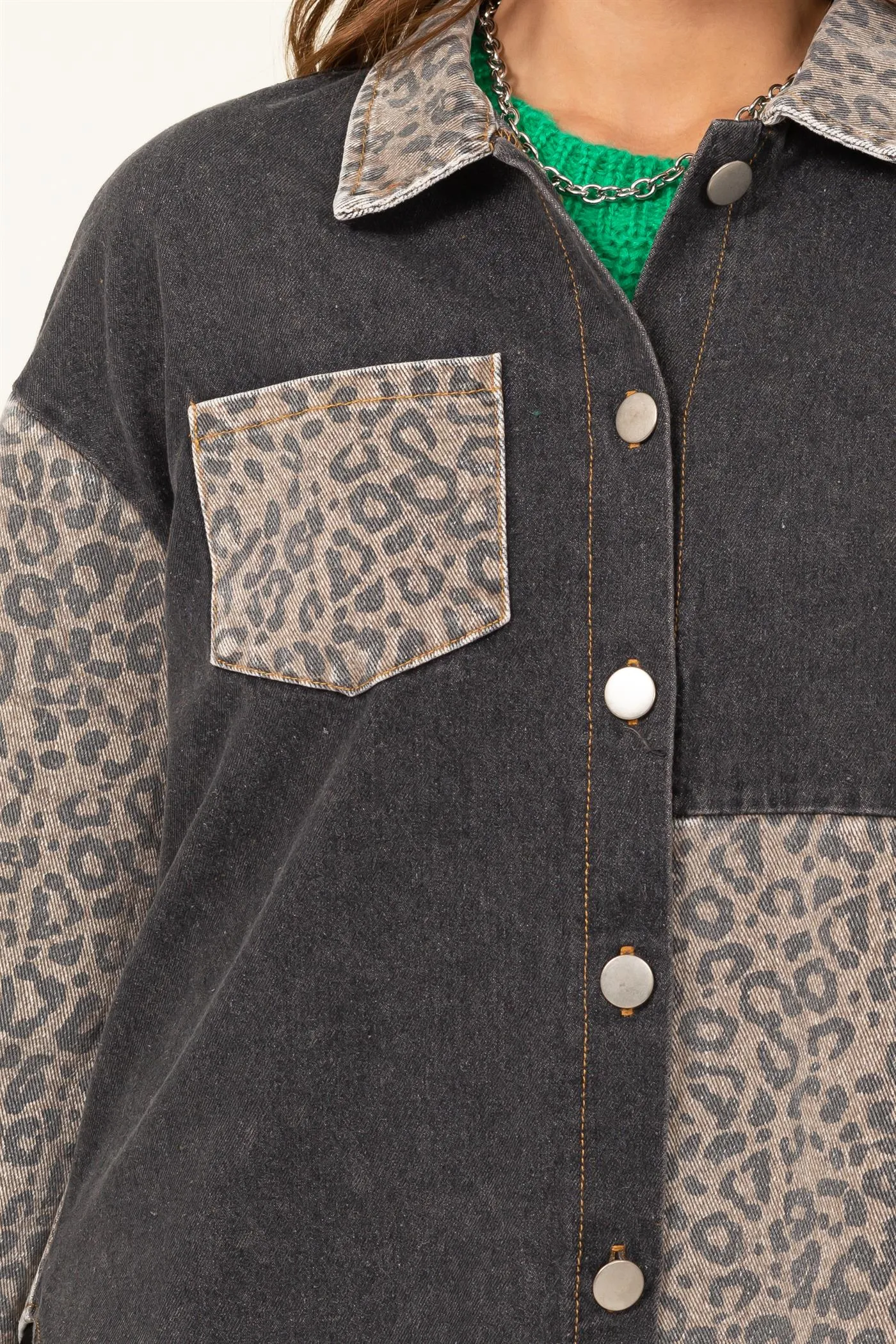 Wild Connections Leopard Print Denim Shacket