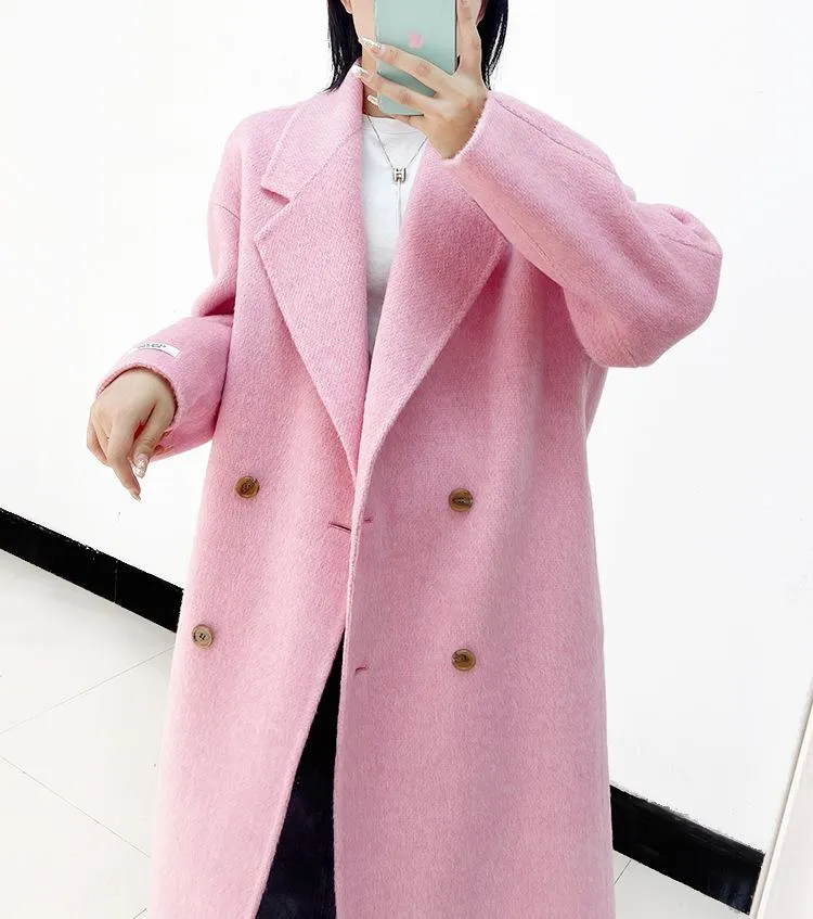 Winter Korean Style Double Breasted Silk Rabbit Woolen Long Overcoat Women Handmade Loose Pink Gray Wool Coat Jacket