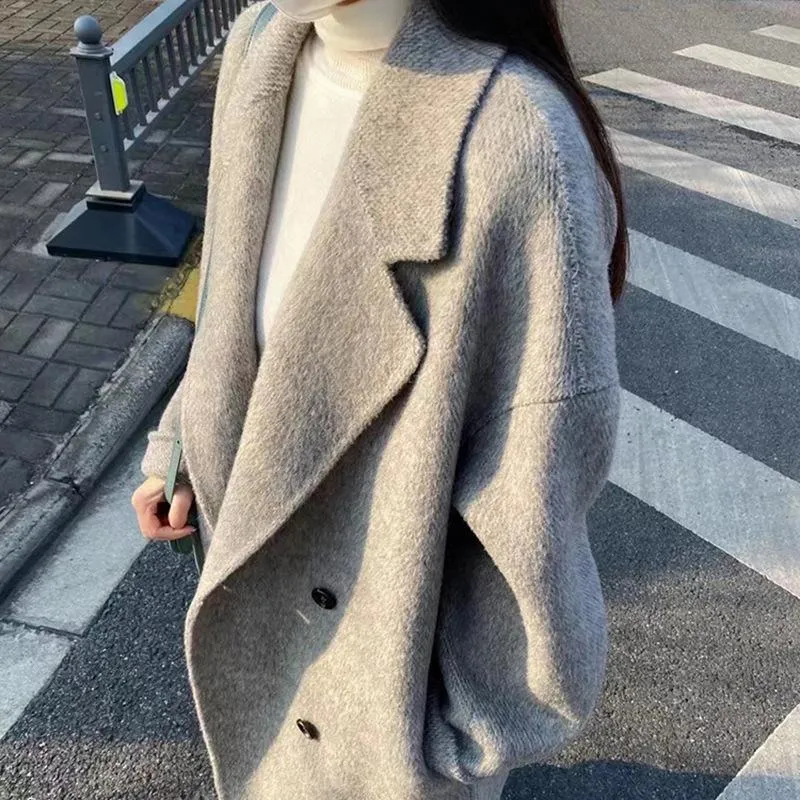 Winter Korean Style Double Breasted Silk Rabbit Woolen Long Overcoat Women Handmade Loose Pink Gray Wool Coat Jacket