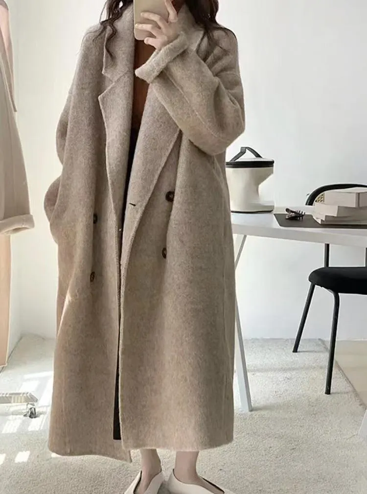 Winter Korean Style Double Breasted Silk Rabbit Woolen Long Overcoat Women Handmade Loose Pink Gray Wool Coat Jacket