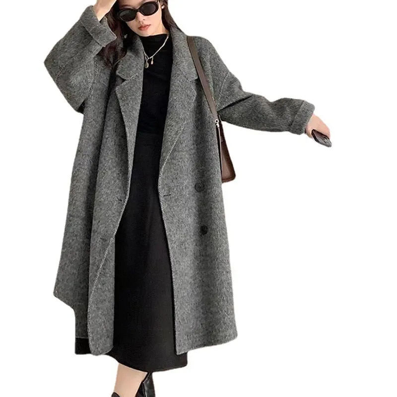 Winter Korean Style Double Breasted Silk Rabbit Woolen Long Overcoat Women Handmade Loose Pink Gray Wool Coat Jacket