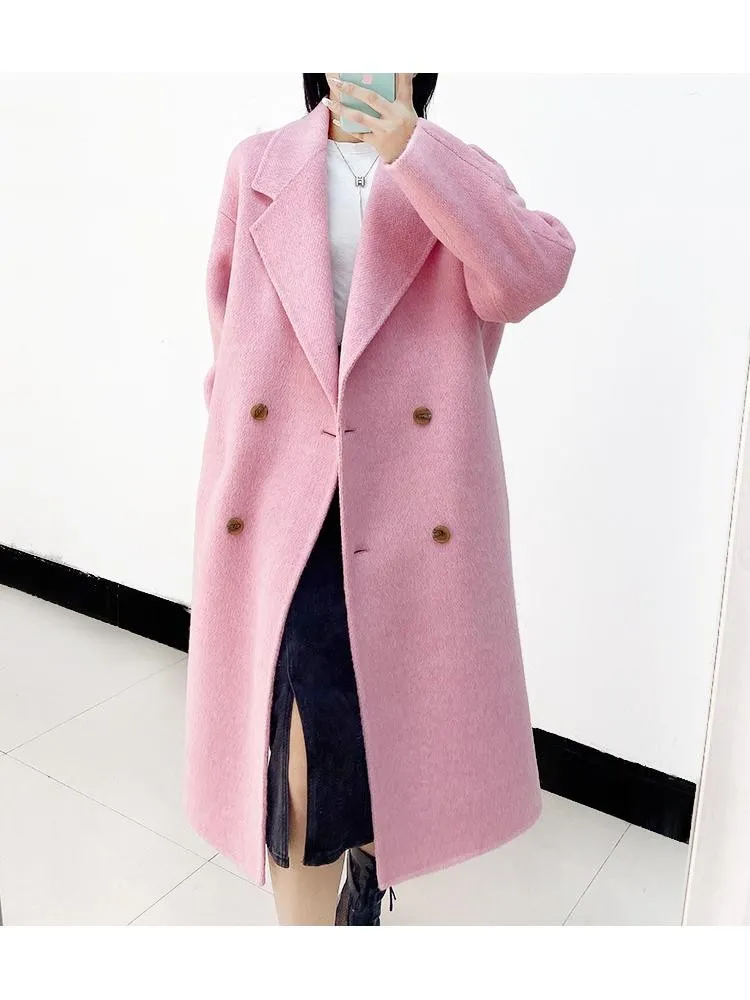 Winter Korean Style Double Breasted Silk Rabbit Woolen Long Overcoat Women Handmade Loose Pink Gray Wool Coat Jacket