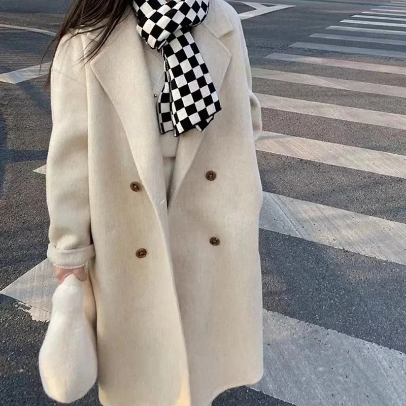 Winter Korean Style Double Breasted Silk Rabbit Woolen Long Overcoat Women Handmade Loose Pink Gray Wool Coat Jacket