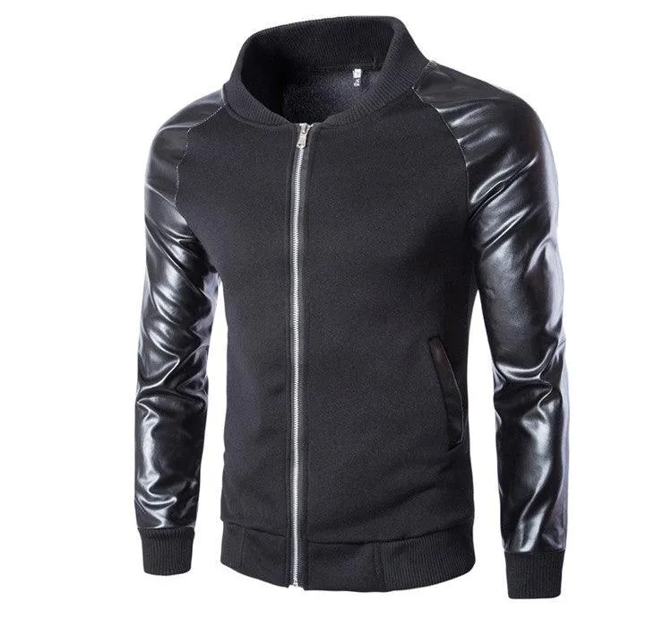 Winter Spring Casual Stand Collar Men's jacket  Spell leather metal zipper design  High Quality Men Jacket Coat