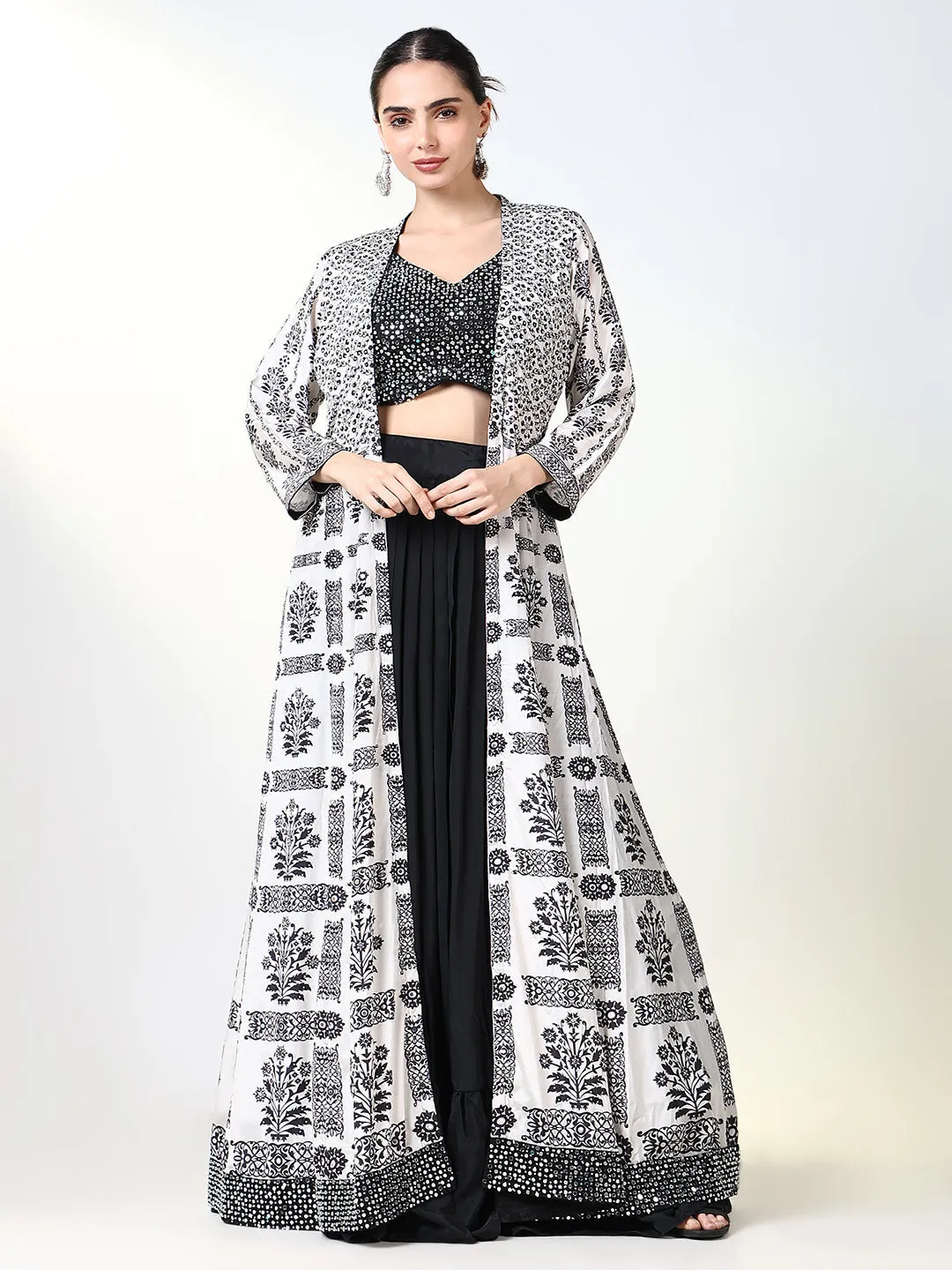 Women Black Embroidered Lehenga Choli with Overcoat