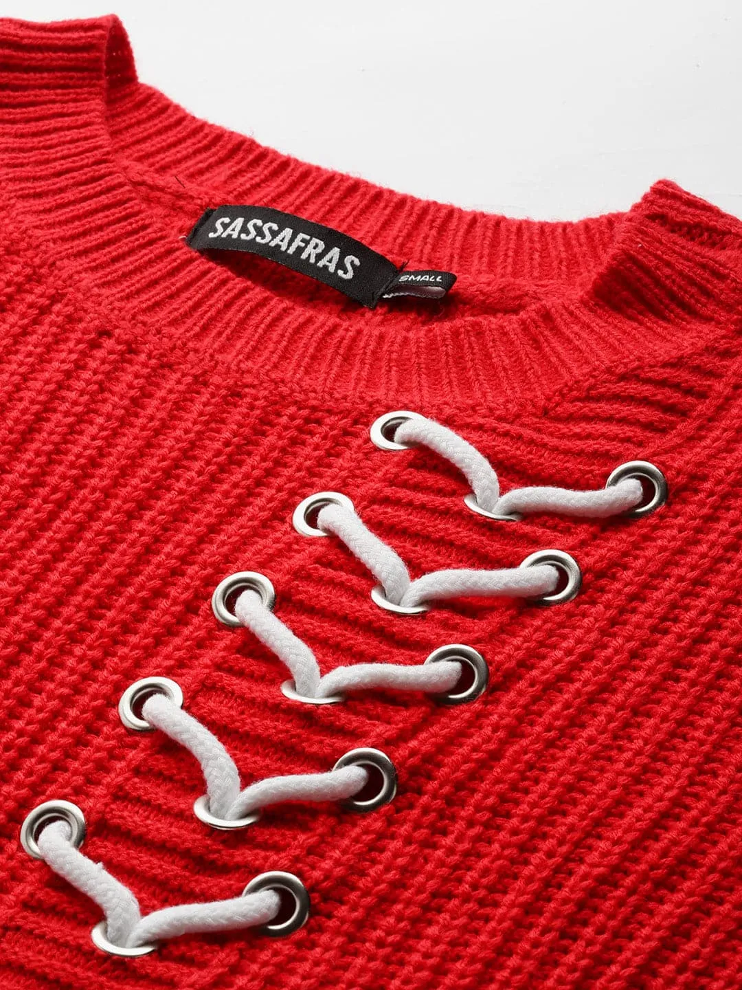 Women Red Knitted Round Neck Full Sleeves Sweater