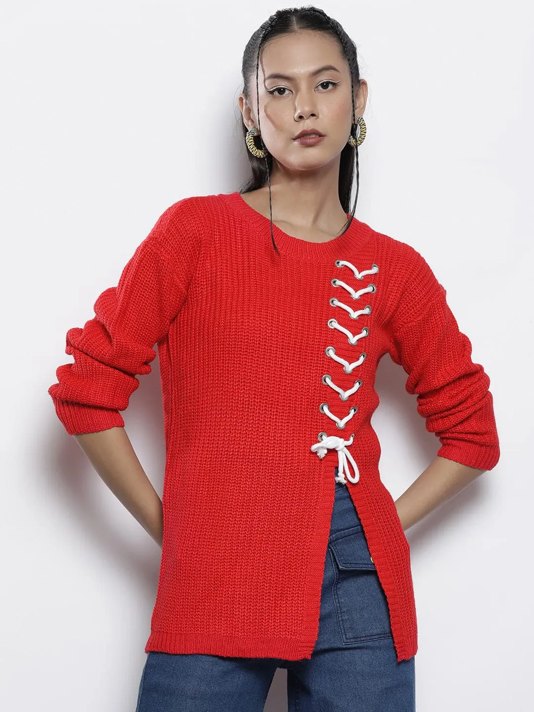 Women Red Knitted Round Neck Full Sleeves Sweater