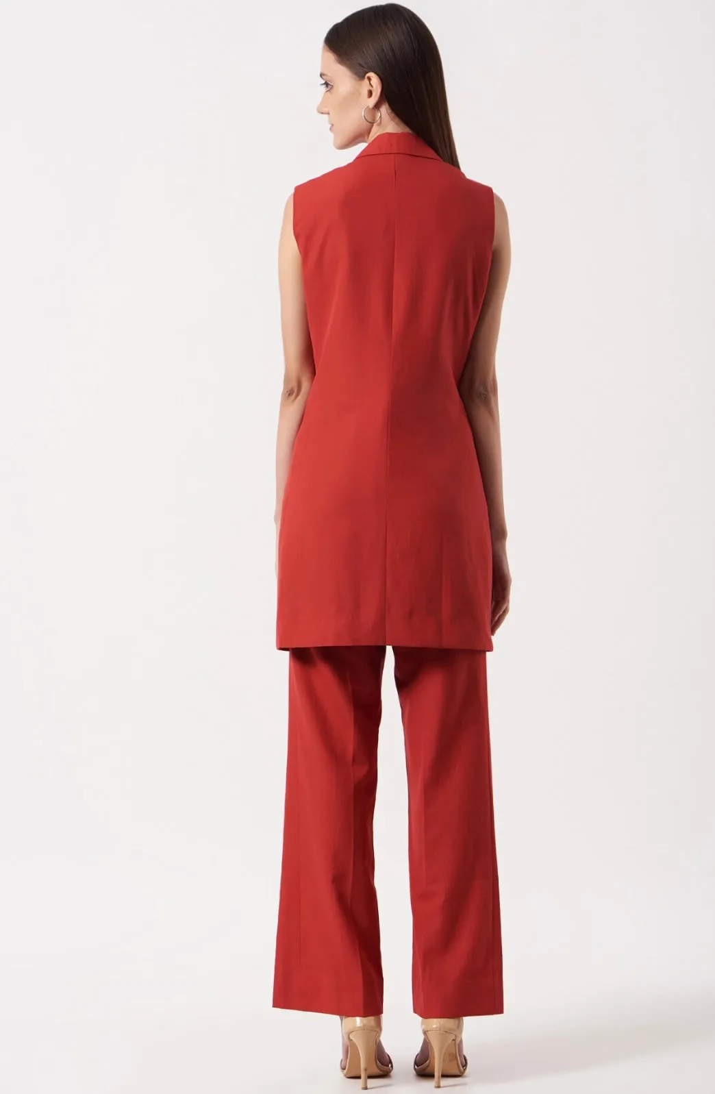 Women's Solid Red Waistcoat And Flare Pant co-ord set