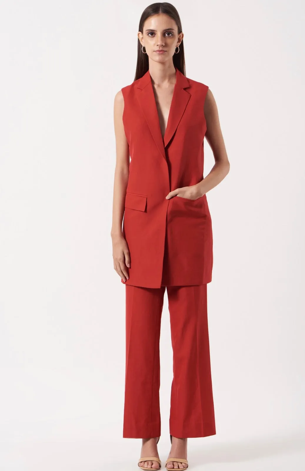 Women's Solid Red Waistcoat And Flare Pant co-ord set