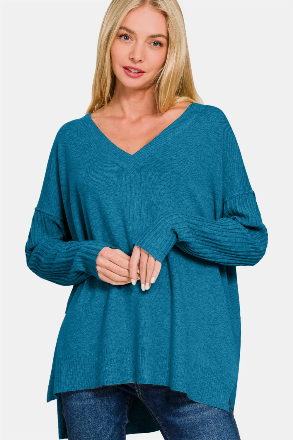 Zenana V-Neck Side Slit High-Low Sweater